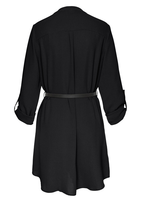 Bild: Longbluse von LASCANA: Coole Longbluse von Lascana. Tiefer V-Ausschnitt. Lange Ärmel mit Riegel und Knopf. Gerundeter, hinten verlängerter Saum. Mit schmalem Gürtel aus Lederimitat. Für trendige Looks. Leichte Crêpequalität.