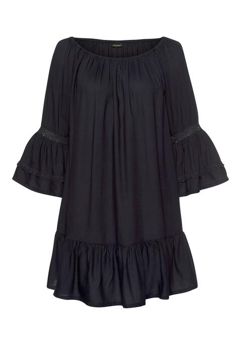 Bild: Longbluse von LASCANA: Longbluse mit Carmenausschnitt und langen Ärmeln mit Spitzendetails. Volant am Saum. Lockere Passform. Aus gewebter Viskose.