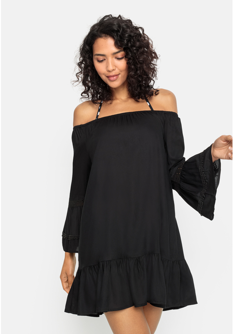 Bild: Longbluse von LASCANA: Longbluse mit Carmenausschnitt und langen Ärmeln mit Spitzendetails. Volant am Saum. Lockere Passform. Aus gewebter Viskose.