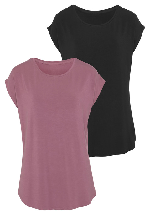 Bild: Longshirt von LASCANA: T-Shirts von Lascana. Im 2er-Pack. Stark gerundeter Saumasbschluss. Locker fallend und fließend. Trageangenehme und weiche Qualität mit Viskose aus verbesserter Rohstoffbeschaffung.