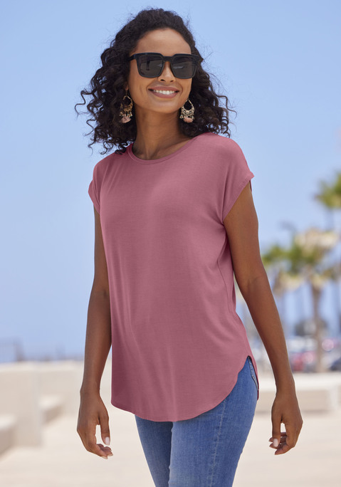 Bild: Longshirt von LASCANA: T-Shirts von Lascana. Im 2er-Pack. Stark gerundeter Saumasbschluss. Locker fallend und fließend. Trageangenehme und weiche Qualität mit Viskose aus verbesserter Rohstoffbeschaffung.