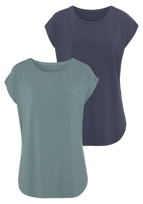 Bild: Longshirt von LASCANA: T-Shirts von Lascana. Im 2er-Pack. Stark gerundeter Saumasbschluss. Locker fallend und fließend. Trageangenehme und weiche Qualität mit Viskose aus verbesserter Rohstoffbeschaffung.