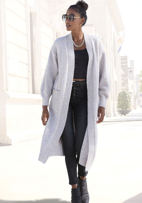 Bild: Longstrickjacke von LASCANA: Longcardigan von Lascana. Wadenlange, offene Form. Mit goldfarbenen Knöpfen an den Taschen. Überschnittene Schultern. Modische Rippstrickdetails. Aus kuschelig weichem Strick.