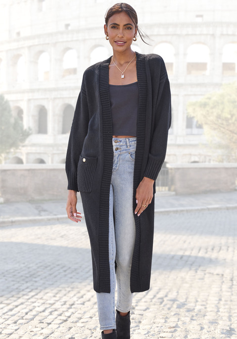 Bild: Longstrickjacke von LASCANA: Longcardigan von Lascana. Wadenlange, offene Form. Mit goldfarbenen Knöpfen an den Taschen. Überschnittene Schultern. Modische Rippstrickdetails. Aus kuschelig weichem Strick.