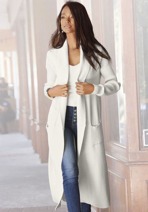Bild: Longstrickjacke von LASCANA: Strickmantel von LASCANA mit geripptem Schalkragen. Aufgesetzte Taschen. Ohne Verschluss, wird einfach lässig offen getragen. Länge ca. 116 cm. Nachhaltige Strickqualität.