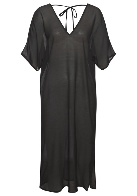 Bild: Longtunika von LASCANA: Leichte Longtunika von Lascana. Tiefer V-Ausschnitt an Vorder- und Rückseite. Kurze Ärmel. Mit Seitennahtschlitzen. Figurumspielend geschnitten. Semi-transparente Qualität.