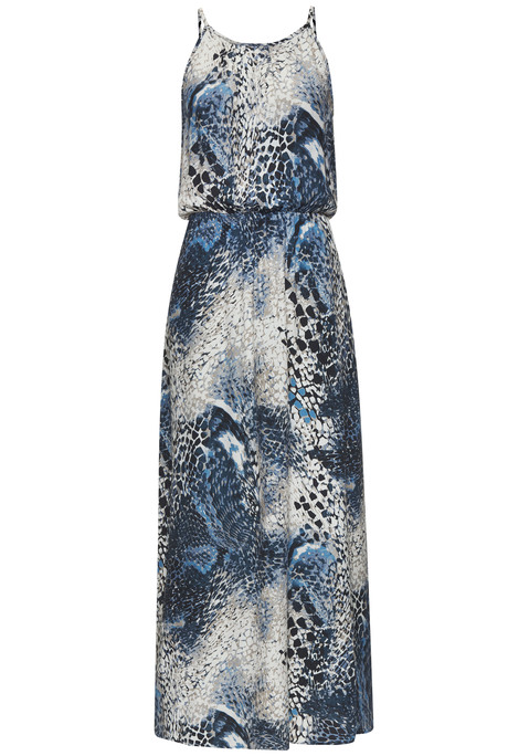 Bild: Maxikleid von LASCANA: Maxikleid von Lascana mit schönem Alloverprint. Runder Halsausschnitt mit dezenter Raffung. Gummizug in der Taille. Schmale Träger. Schlitz mit Knopfverschluss hinten. Perfekt für den Sommer. Luftige, fließende Qualität.
