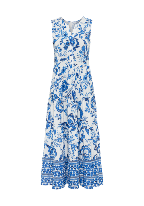Bild: Maxikleid von LASCANA: Maxikleid von Lascana. Mit Allover-Blumenprint. Ärmelloses Oberteil mit Split-Neck und Knopfleiste. Leicht ausgestellter Rock im Stufendesign. Trageangenehme, fließende Qualität.
