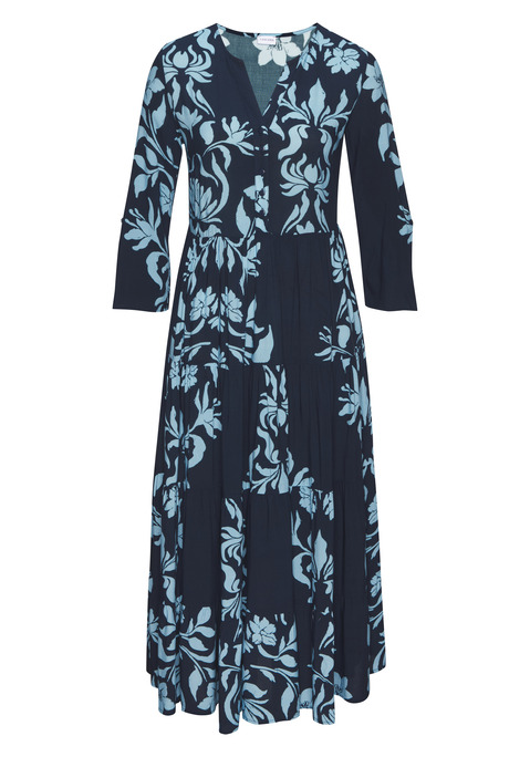Bild: Maxikleid von LASCANA: Modisches Maxikleid von Lascana mit stilvollem Allover-Print im floralen Design – jedes Teil ein Unikat. Mit rundem Halsausschnitt, kurzer Knopfleiste und 3/4-langen Ärmeln. Modisch ausgestellter Rockteil. Weiche Webware aus Viskose.