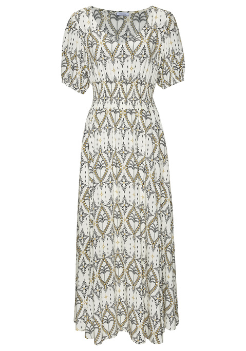 Bild: Maxikleid von LASCANA: Maxikleid von Lascana mit auffälligem Alloverdruck. Tiefer V-Ausschnitt und kurze Puffärmel für eine weibliche Silhouette. Schmeichelnder Smokeinsatz betont die Taille und langer Rockteil. Hergestellt aus gewebter Viskose.