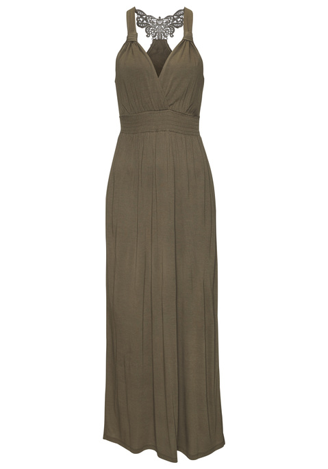 Bild: Maxikleid von LASCANA: Elegantes Maxikleid von Lascana mit tiefem V-Ausschnitt in Wickel-Optik. Knotendetail an der Vorderseite der Träger. Gesmokte Taille betont die Figur. Racerback mit attraktivem Häkel-Detail. Weiche, fließende Viskose.