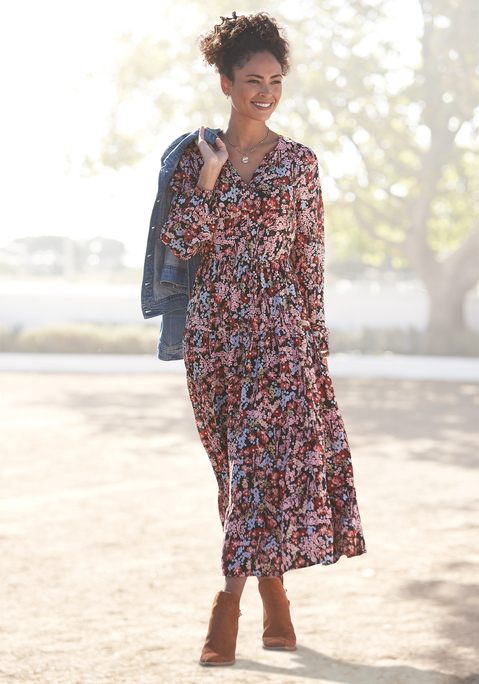 Bild: Maxikleid von LASCANA: Maxikleid mit floralem Alloverprint von Lascana. Mit Split-Neck. Lange Ärmel mit Gummizug. Rockteil mit Volants. Jedes Teil ein Unikat. Aus weicher Webware.