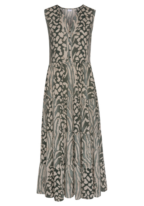 Bild: Maxikleid von LASCANA: Maxikleid von Lascana. Mit Allover-Animalprint. Ärmelloses Oberteil mit Split-Neck und Knopfleiste. Leicht ausgestellter Rock im Stufendesign. Trageangenehme, fließende Qualität.