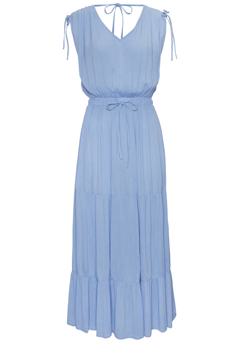 Bild: Maxikleid von LASCANA: Luftiges Maxikleid von Lascana. Mit V-Ausschnitten vorn und hinten. Tunnelzug auf der Schulter zum Raffen. Gummizug mit Bindeband in der Taille. Mit Teilungsnähten und angesetztem Volant am Rock. Gekreppte Viskose aus verbesserter Rohstoffbeschaffung.