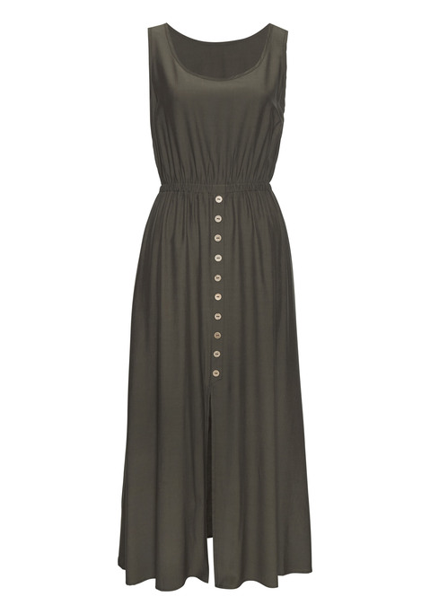 Bild: Maxikleid von LASCANA: Sommerliches Maxikleid von Lascana. Tiefer Rundhalsausschnitt und bequeme Träger. Elastischer Einsatz in der Taille. Seitlich geschlitzter Rockteil mit modischer Knopfleiste in Holzoptik. Luftige Viskosemischung für hohen Komfort.