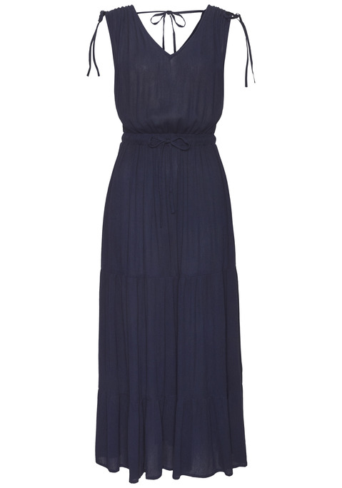 Bild: Maxikleid von LASCANA: Luftiges Maxikleid von Lascana. Mit V-Ausschnitten vorn und hinten. Tunnelzug auf der Schulter zum Raffen. Gummizug mit Bindeband in der Taille. Mit Teilungsnähten und angesetztem Volant am Rock. Gekreppte Viskose aus verbesserter Rohstoffbeschaffung.