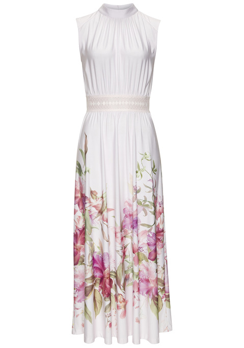 Bild: Maxikleid von LASCANA: Maxikleid von Lascana. Floraler Print. Ärmelloses Design. Hoher Halsausschnitt mit Schlitz und Knopfverschluss im Nacken. Transparenter Spitzeneinsatz in der Taille. Nahtverdeckter Reißverschluss ab Taille.  Bügelfreie Qualität.