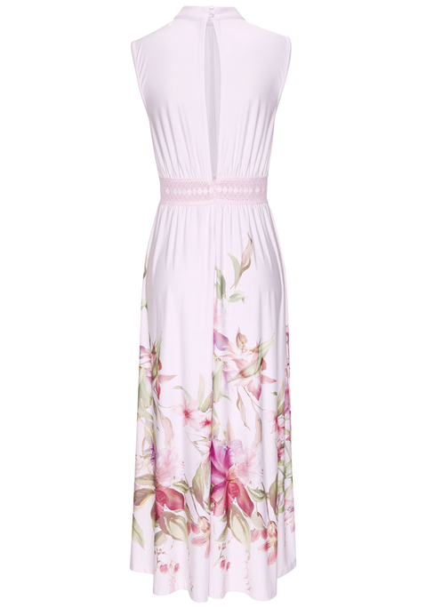 Bild: Maxikleid von LASCANA: Maxikleid von Lascana. Floraler Print. Ärmelloses Design. Hoher Halsausschnitt mit Schlitz und Knopfverschluss im Nacken. Transparenter Spitzeneinsatz in der Taille. Nahtverdeckter Reißverschluss ab Taille.  Bügelfreie Qualität.
