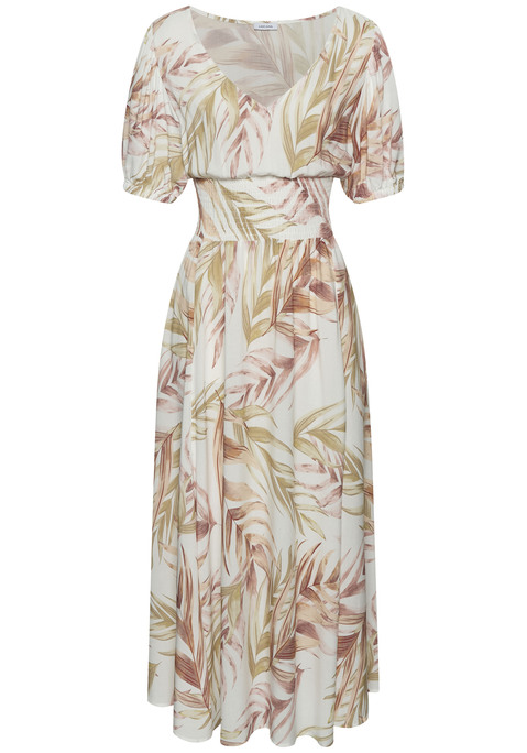 Bild: Maxikleid von LASCANA: Maxikleid mit weitem V-Ausschnitt von Lascana. Gesmokte, elastische Taille. Gummizug am Ärmelabschluss. Alloverprint, jedes Teil ein Unikat. Aus luftiger, gewebter Viskose.