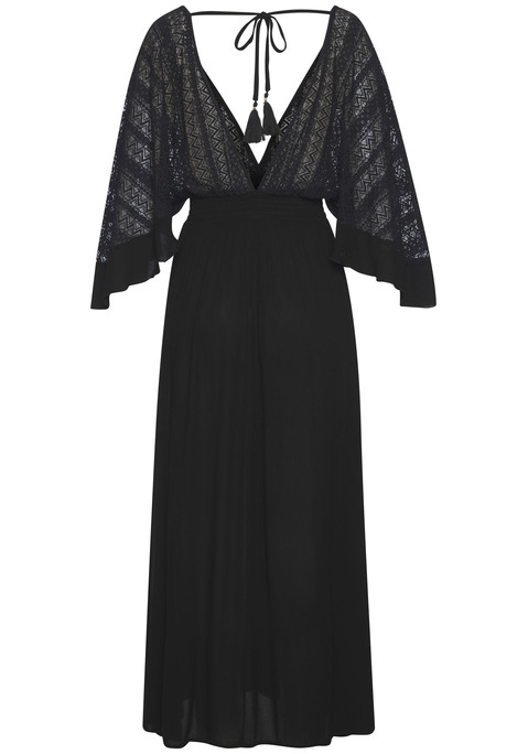 Bild: Maxikleid von LASCANA: Elegantes Maxikleid von Lascana mit Oberteil aus Spitze. Tiefer, überlappender V-Ausschnitt. Weite Volantärmel und Kordel mit hübscher Quaste hinten im Rücken.  Figurbetonender Smoke-Einsatz in der Taille. Für besondere Gelegenheiten. Luftige, weich fließende Viskose.