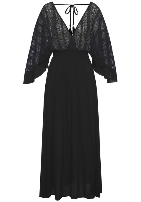 Bild: Maxikleid von LASCANA: Elegantes Maxikleid von Lascana mit Oberteil aus Spitze. Tiefer, überlappender V-Ausschnitt. Weite Volantärmel und Kordel mit hübscher Quaste hinten im Rücken.  Figurbetonender Smoke-Einsatz in der Taille. Für besondere Gelegenheiten. Luftige, weich fließende Viskose.