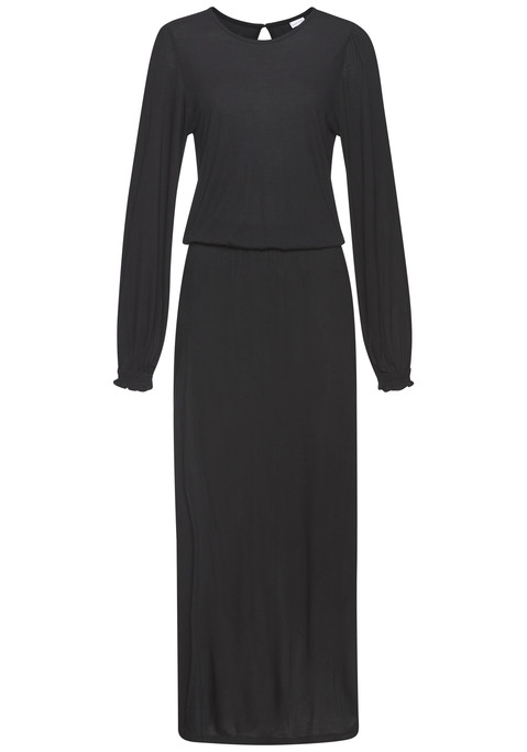 Bild: Maxikleid von LASCANA: Unifarbenes Maxikleid von Lascana. Gummizug in der Taille. Seitlicher Saumschlitz. Rundhalsausschnitt. Kleiner Tropfenausschnitt mit Knopfverschluss hinten. Lange Ärmel. Weiche Jerseyware.