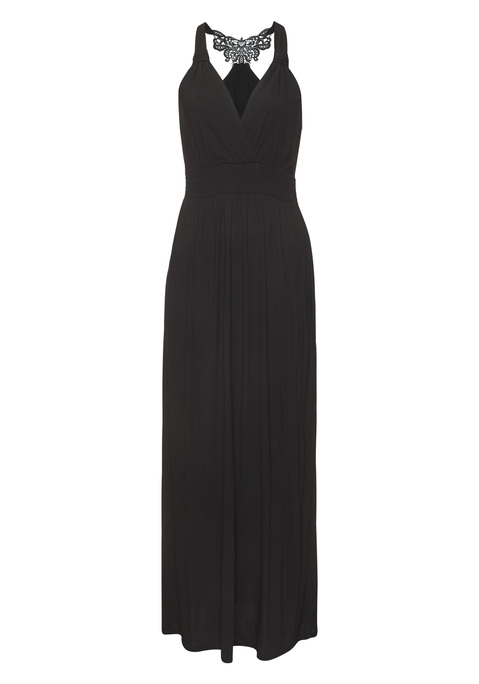 Bild: Maxikleid von LASCANA: Elegantes Maxikleid von Lascana mit tiefem V-Ausschnitt in Wickel-Optik. Knotendetail an der Vorderseite der Träger. Gesmokte Taille betont die Figur. Racerback mit attraktivem Häkel-Detail. Weiche, fließende Viskose.