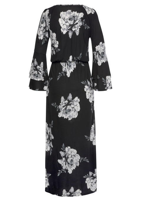 Bild: Maxikleid von LASCANA: Maxikleid von LASCANA mit rundem Halsausschnitt und tropfenförmiger Öffnung. Cut-outs an der Schulter. 3/4-lange Ärmel mit Volantabschluss. Gummizug in der Taille. Langer Rock mit seitlichem Schlitz. Rocklänge ca. 96 cm. Aus Viskose.