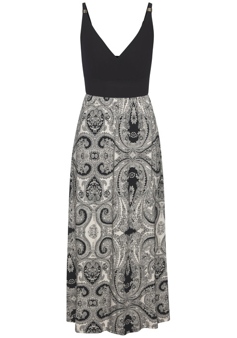 Bild: Maxikleid von LASCANA: Maxikleid von Lascana in 2-in-1-Optik. Unifarbenes Oberteil mit V-Ausschnitt und verstellbaren Trägern mit goldfarbenem Accessoire. Weicher Gummizug unter der Brust. Bedruckter Rockteil – jedes Exemplar ein Unikat. Aus weichem Viskosejersey.