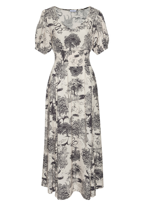Bild: Maxikleid von LASCANA: Bedrucktes Maxikleid von Lascana. Tiefer V-Ausschnitt mit schmaler Blende. Puffärmel mit zarter Raffung. Smokpartie in der Taille. Figurbetont oben, locker fallender Rockteil. Aus gewebter Viskose.