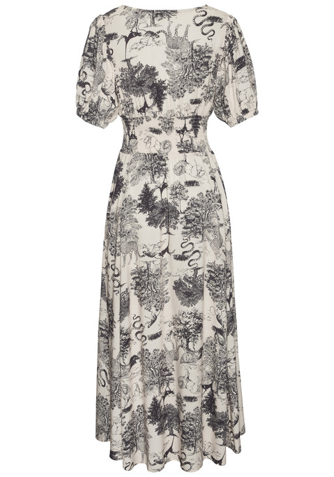 Bild: Maxikleid von LASCANA: Bedrucktes Maxikleid von Lascana. Tiefer V-Ausschnitt mit schmaler Blende. Puffärmel mit zarter Raffung. Smokpartie in der Taille. Figurbetont oben, locker fallender Rockteil. Aus gewebter Viskose.