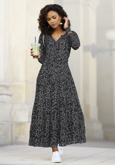 Bild: Maxikleid von LASCANA: Maxikleid mit Blumenprint allover, jedes Teil ein Unikat. Lange Ärmel mit Gummizug. Langer, schwingender Rockpart. Länge ca. 128 cm. Weiche, gewebte Qualität aus 100% Viskose.