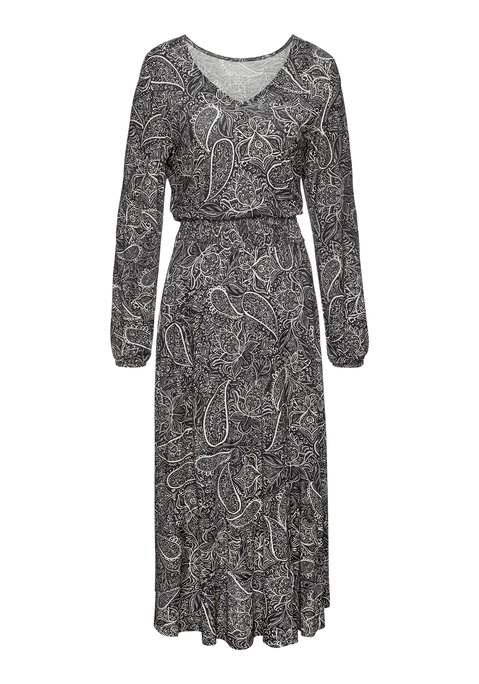 Bild: Maxikleid von LASCANA: Elegantes Maxikleid von Lascana. Highlight: der Smok-Einsatz in der Taille. Lange Ärmel mit elastischem Abschluss. Mit V-Ausschnitt. Allover-Paisley-Print, jedes Stück einzigartig. Weich fließender Jersey aus Viskose aus verbesserter Rohstoffbeschaffung.