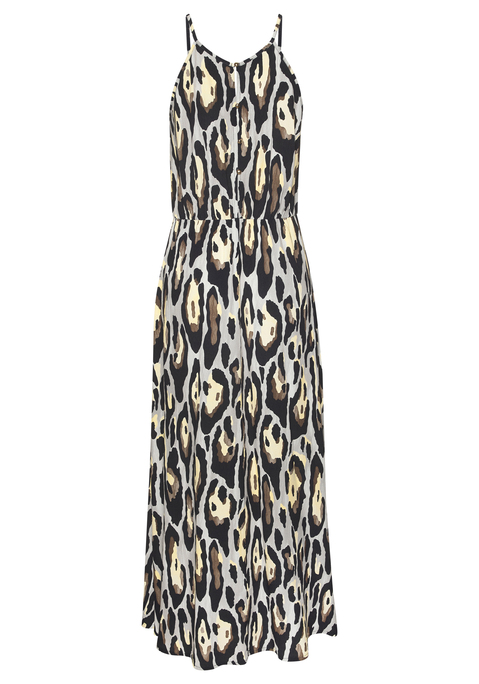Bild: Maxikleid von LASCANA: Maxikleid von Lascana.  Alloverprint – jedes Teil ein Unikat. Amerikanischer Ausschnitt. Rückenschlitz mit goldfarbenen Knöpfen. Innen liegender Gummizug in der Taille. Gewebte, leicht strukturierte Viskose.
