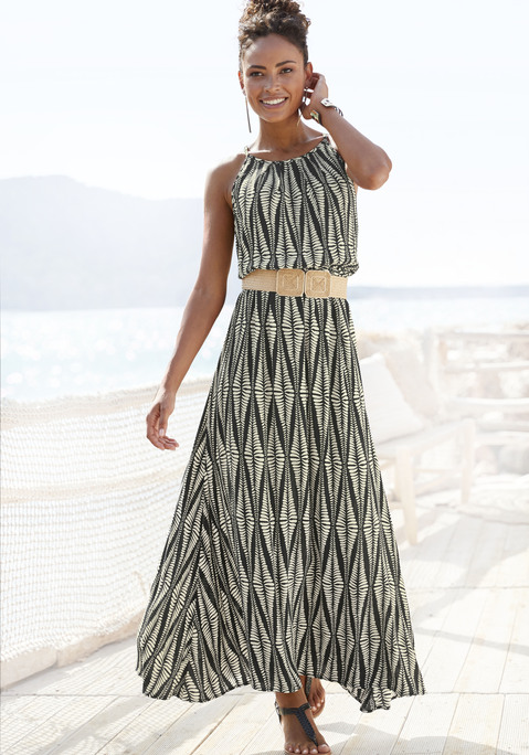 Bild: Maxikleid von LASCANA: Allover bedrucktes Maxikleid von Lascana, jedes Teil ein Unikat. Amerikanischer Ausschnitt und Schlitz mit glänzenden Knöpfen hinten. Gummizug auf Taillenhöhe. Trageangenehme Webware aus Viskose.