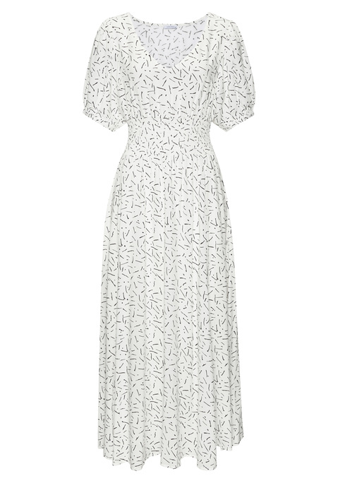 Bild: Maxikleid von LASCANA: Maxikleid von Lascana. Alloverprint in Linien und Punkten, jedes Teil ein Unikat. Tiefliegender V-Ausschnitt mit schmaler Einfassung. Kurze Puffärmel mit Raffung. Gesmokte Taille. Knöchellang. Gewebte, leicht durchscheinende Viskose.
