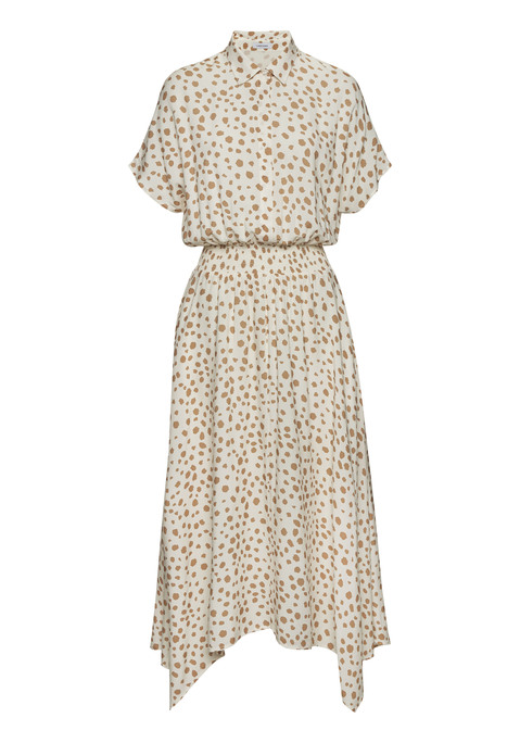 Bild: Midikleid von LASCANA: Midikleid von Lascana mit Allovermuster. Hemdblusenkragen und verdeckte Knopfleiste bis zur Taille. Nahtlos angesetzte, kurze Ärmel. Taille mit breitem Smokeinsatz. Modischer Zipfelsaum. Figurumspielende Passform. Weich fließende Viskose-Webware.