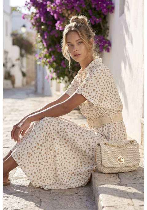 Bild: Midikleid von LASCANA: Midikleid von Lascana mit Allovermuster. Hemdblusenkragen und verdeckte Knopfleiste bis zur Taille. Nahtlos angesetzte, kurze Ärmel. Taille mit breitem Smokeinsatz. Modischer Zipfelsaum. Figurumspielende Passform. Weich fließende Viskose-Webware.