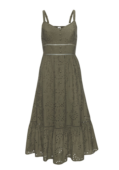 Bild: Midikleid von LASCANA: Besticktes Midikleid von Lascana. Verstellbare Spaghettiträger für perfekte Passform. Zierknopfleiste vorn für charmanten Akzent. Smokeinsatz im Rücken für zusätzlichen Komfort und Flexibilität. Komplett gefütterte und blickdichte Baumwollqualität.