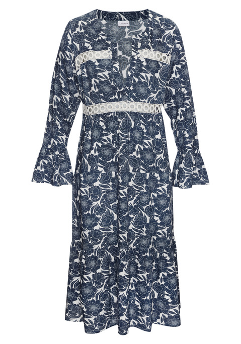 Bild: Midikleid von LASCANA: Hübsches Maxikleid von Lascana. Allover bedruckt. Mit tiefem Ausschnitt. Lange Ärmel mit Volant. Aus weich fließender Viskose.
