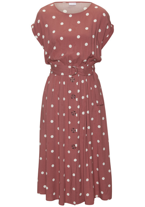 Bild: Midikleid von LASCANA: Kleid von Lascana im Tupfen-Design. Kurze Ärmel mit Umschlag. Passender Gürtel in der Taille. Rockpart mit Knopfleiste und seitlichen Eingrifftaschen. Gewebte Qualität aus Viskose.