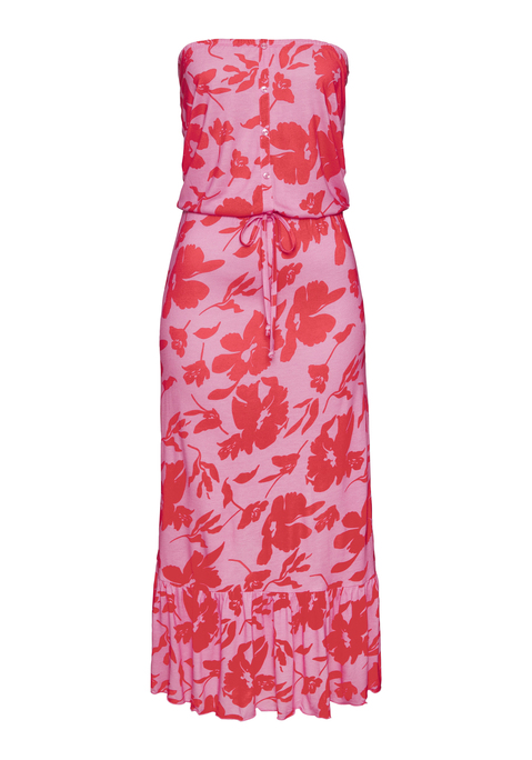 Bild: Midikleid von LASCANA: Bandeaukleid in Midilänge. Aus weicher, reiner Viskose. Mit Volant am Rocksaum und dekorativer Knopfleiste am Oberteil. Rocklänge 76cm.