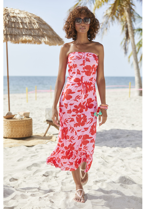 Bild: Midikleid von LASCANA: Bandeaukleid in Midilänge. Aus weicher, reiner Viskose. Mit Volant am Rocksaum und dekorativer Knopfleiste am Oberteil. Rocklänge 76cm.