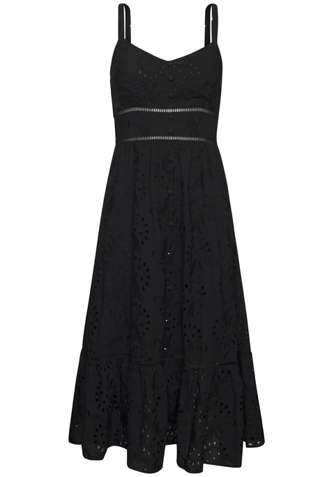 Bild: Midikleid von LASCANA: Besticktes Midikleid von Lascana. Verstellbare Spaghettiträger für perfekte Passform. Zierknopfleiste vorn für charmanten Akzent. Smokeinsatz im Rücken für zusätzlichen Komfort und Flexibilität. Komplett gefütterte und blickdichte Baumwollqualität.