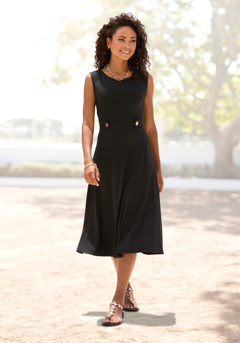 Bild: Midikleid von LASCANA: Midikleid von Lascana. Zierknöpfe in der Taille. Tailliert mit ausgestelltem Rockteil. Breite Träger. Mit Rundhalsausschnitt. Bügelfreie Jerseyware.