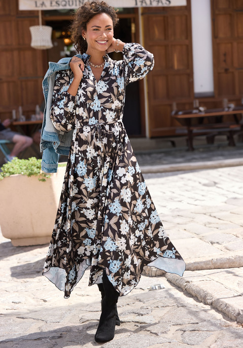 Bild: Midikleid von LASCANA: Midikleid von Lascana. Alloverprint. V-Ausschnitt mit kleinem Stehkragen. Lange Ärmel mit elastischem Abschluss. Elastische Taille mit Bindegürtel. Asymmetrischer Saum. Knitterfreie Jerseyqualität.