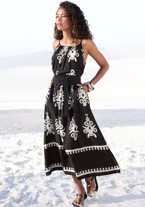 Bild: Midikleid von LASCANA: Sommerliches Midikleid von Lascana mit tollem Ethnodruck. Mit Spaghettiträgern und Gummizug vorn am Ausschnitt. Gummizug in der Taille. Alloverprint, jedes Teil ein Unikat. Webware aus luftiger Viskose.