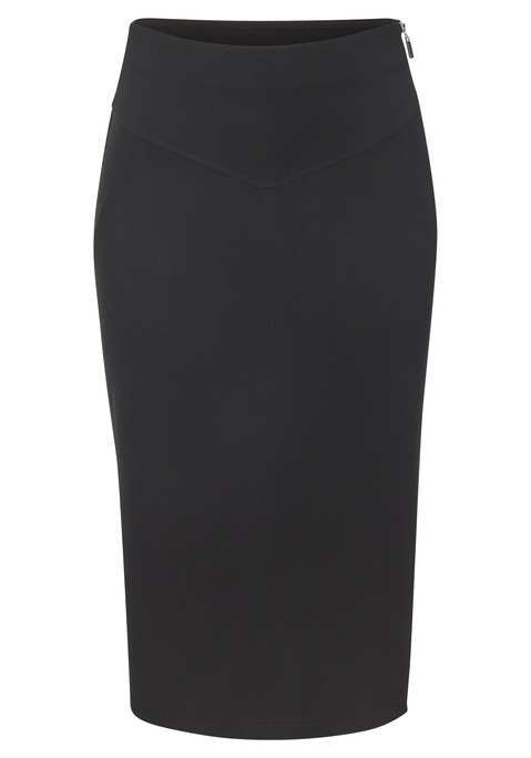 Bild: Midirock von LASCANA: Midirock von Lascana. Mit figurbetontem Schnitt und hohem Bund. Goldfarbener Reißverschluss seitlich. Gerader Saum mit kleinem Schlitz hinten. Blickdichte, leicht elastische Jerseyqualität.