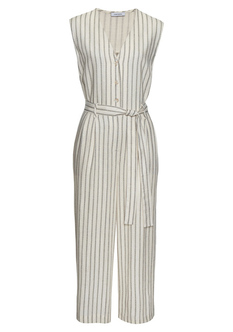 Bild: Overall von LASCANA: Sommerlicher Jumpsuit von Lascana im gestreiften Casual-Chic. Ärmelloses Oberteil mit V-Ausschnitt und kurzer Knopfleiste. Abnäher im Brustbereich, Rückenteil mit Passe und Kellerfalte. Mit Bindegürtel. Verkürzte Beinlänge. Webware mit Leinenanteil.