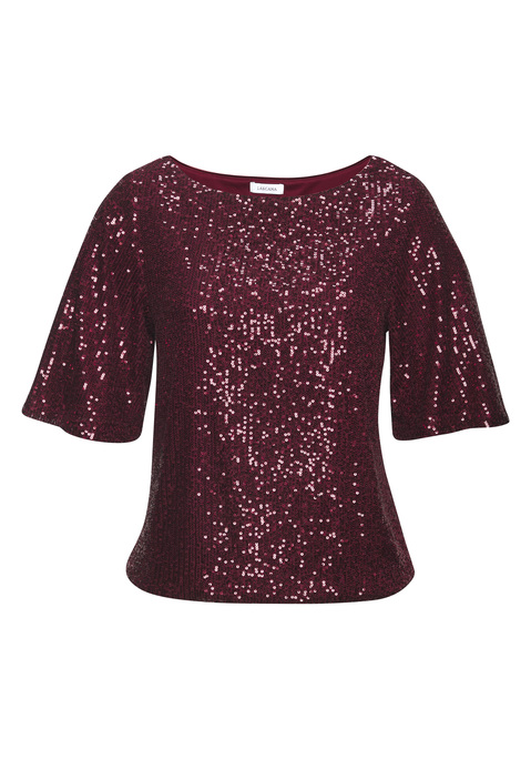 Bild: Paillettenshirt von LASCANA: Schöner Eye-Catcher: Shirt von Lascana mit Pailletten und weitem Rundhalsausschnitt. Halblange Ärmel. Gerader Saum mit Dehnbündchen. Figurumspielende Passform. Komplett gefütterte, dichte Meshware.